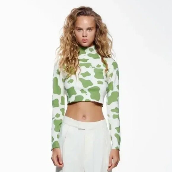 NWOT Zara off white ecru and green animal print wool blend sweater top, M - Picture 2 of 8